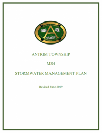 Image of Stormwater Report Cover Page.  Contains a hunter green oval with a large capital A in Gold.  Under the emblem it displays the words &quot;Antrim Township MS4 Stormwater Mangement Plan revised June 2019